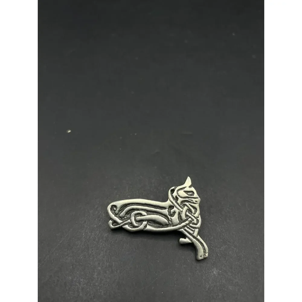 Vintage Signed Silver Tone Celtic Dog Artist Design Brooch Pin